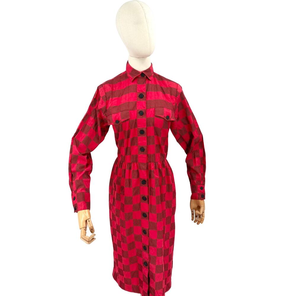 Vintage 80s Albert Nipon Red 100% Cotton Checkerboard Shirt Dress
